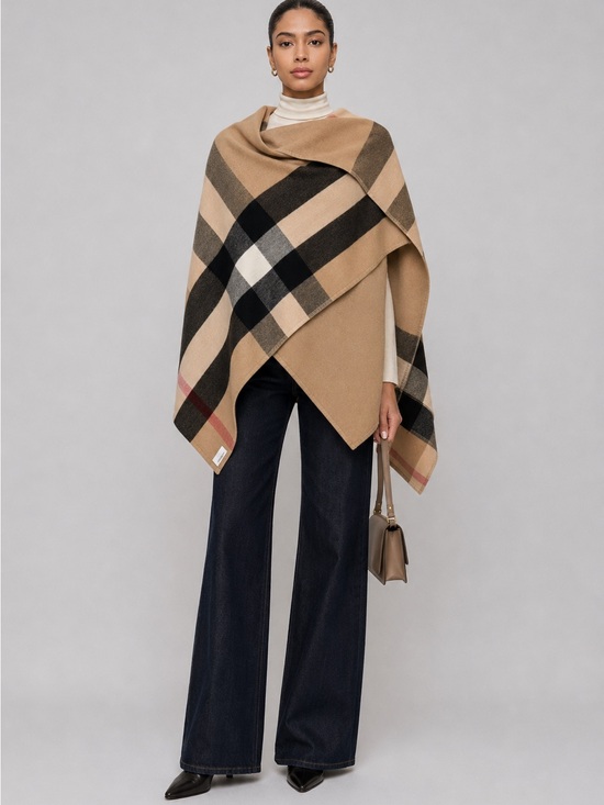 Burberry Accessories - Burberry Reversible Cape Camel Black Check Wool
